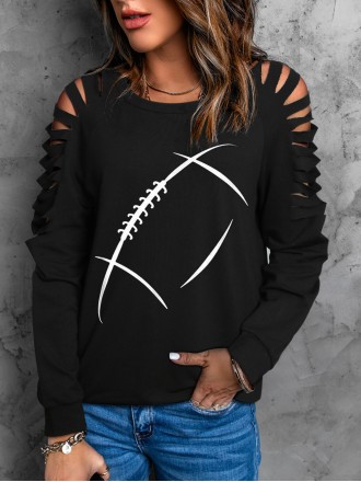 American football cold shoulder crew neck casual sweatshirt