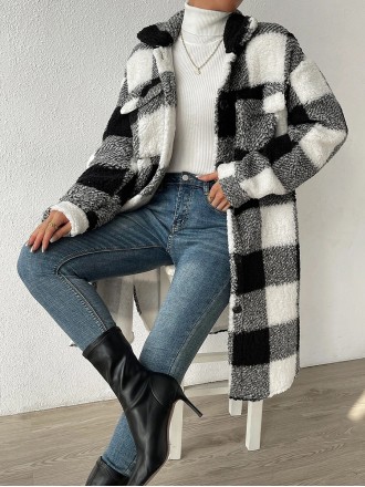 Autumn and winter lapel plush plaid coat loose long coat