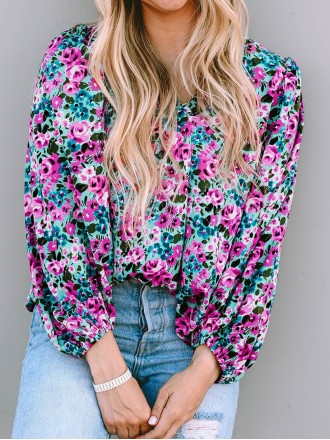 BOHO FLORAL PRINT V-NECK LONG SLEEVE BLOUSE