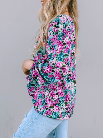 BOHO FLORAL PRINT V-NECK LONG SLEEVE BLOUSE