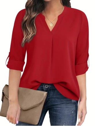 Burgundy V-neck simple all-in-one blouse for women