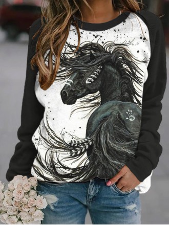 Casual contrasting horse print crew neck sweatshirt