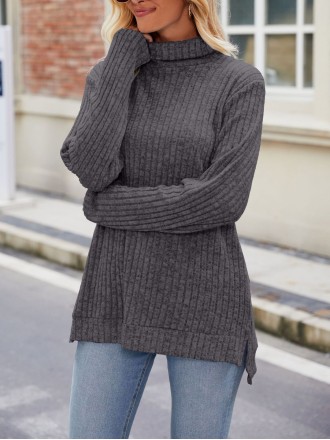 High neck loose fitting long sleeved split T-shirt top