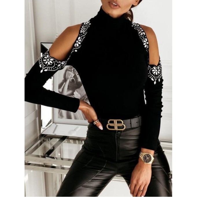 High Neck Sexy Hot Diamond Off Shoulder Long Sleeve Knitted Underlay Shirt