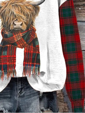 Highland Cow Plaid Print Hooded Sweatshirt