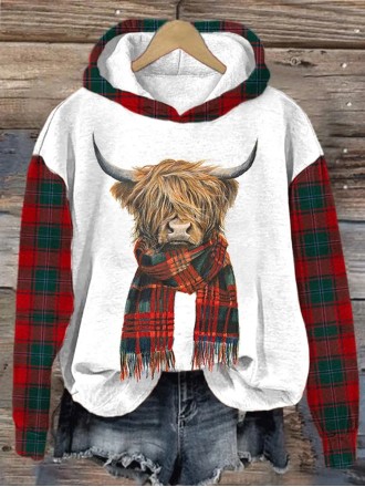 Highland Cow Plaid Print Hooded Sweatshirt