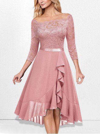 One-piece neckline  mid-sleeve lace and chiffon dress