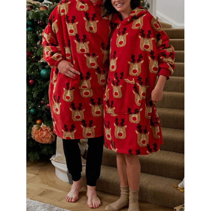 Red Reindeer Womens Oversized Blanket Hoodie