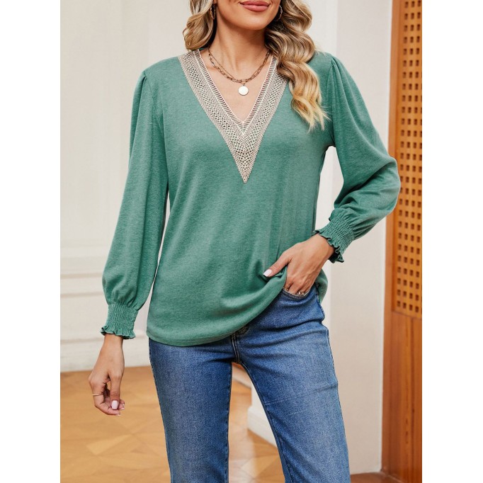 Solid V-neck gold lace patchwork loose fitting long sleeved T-shirt
