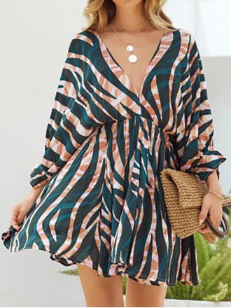 Stripe Print V-Neck Belted Long Sleeve Dress