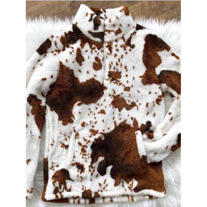 Stylish zipper plush cow print sweatshirt