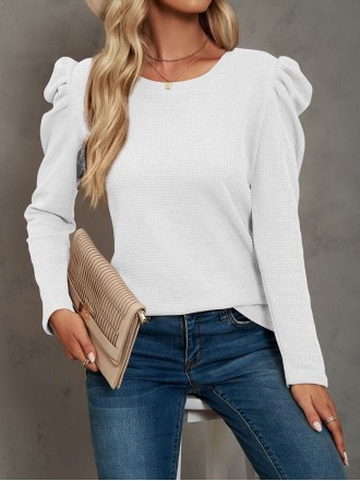 Waffle-Knit Puff Sleeve Round Neck Top