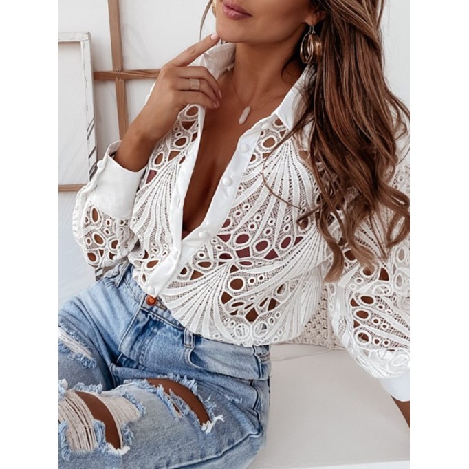 Women's elegant sexy lace cut-out shirt