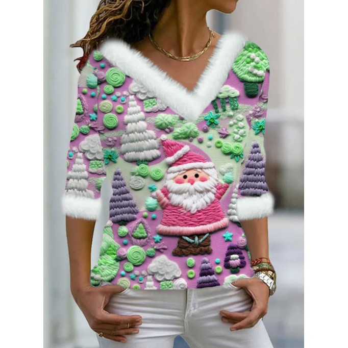 Women's Pink Santa Print Fur Collar Top