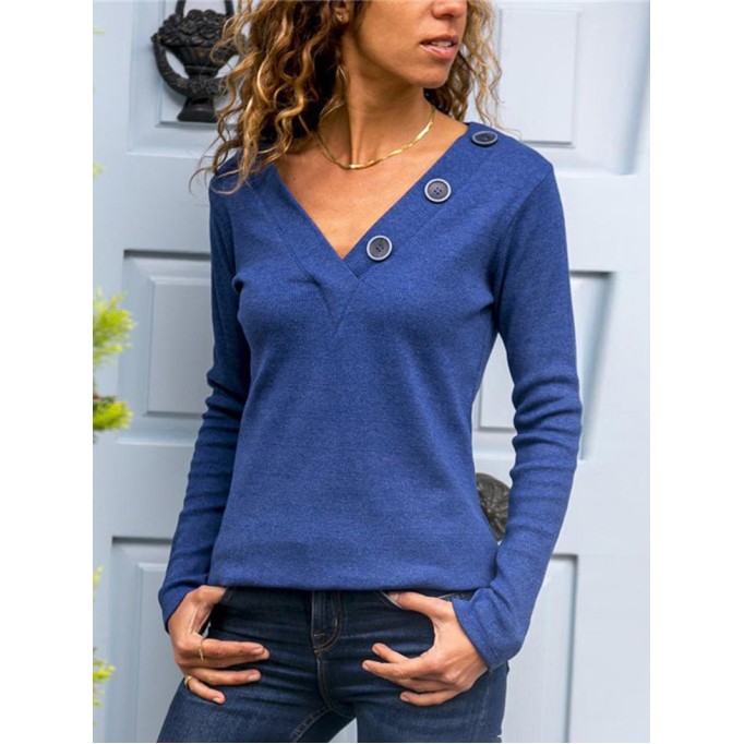 Women's T-Shirts Solid V-Neck Button Long Sleeve Casual T-Shirt