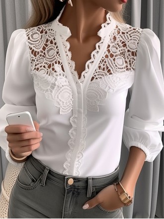 Women's V-neck lace patchwork shirt