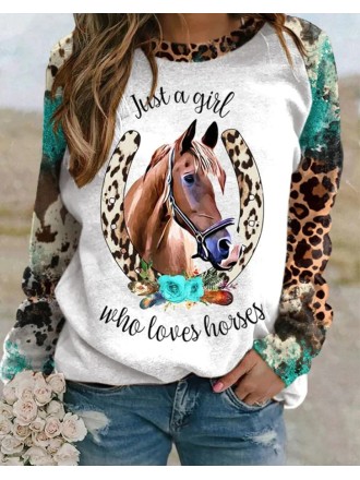 Womens Western Cowgirl Style Horse Feather Tribal Print Casual T-Shirt Top